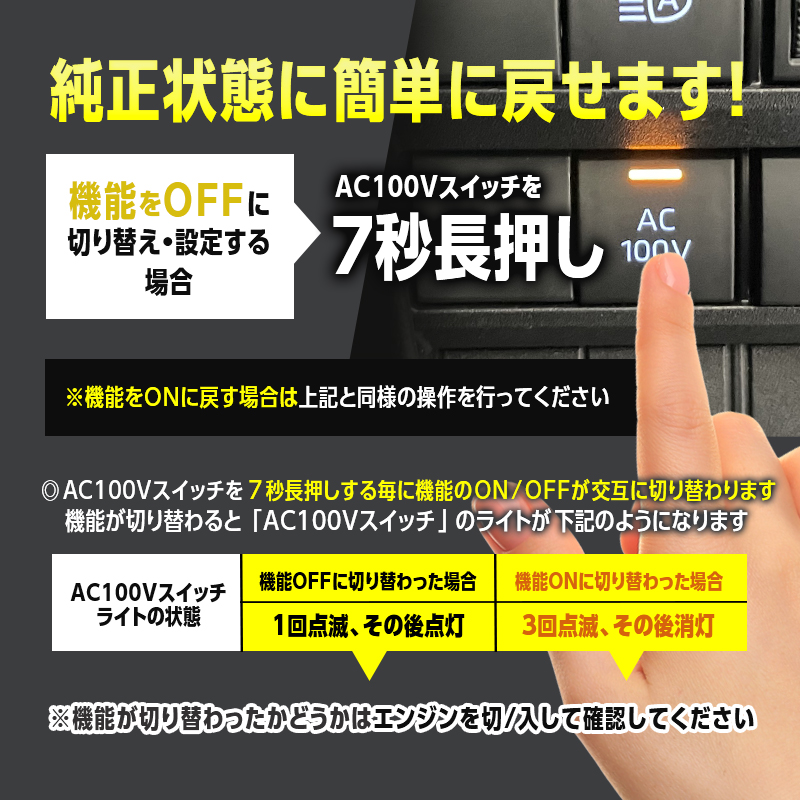 TOYOTA VOXY(ヴォクシー)90系・NOAH(ノア)90系 ハイブリッド車両 対応 オート AC100V スイッチ自動ONキット_機能切替説明画像